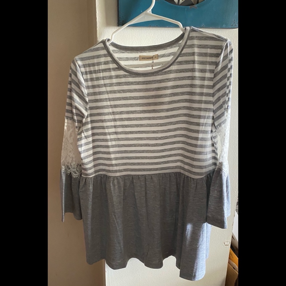 Andthewhy Stripe Lace Detail Babydoll Top